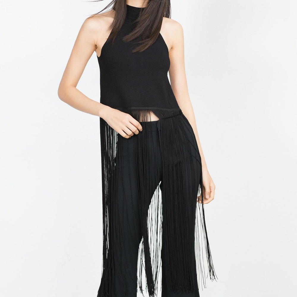 NWT Zara Black Halter Fridged Tassel Top